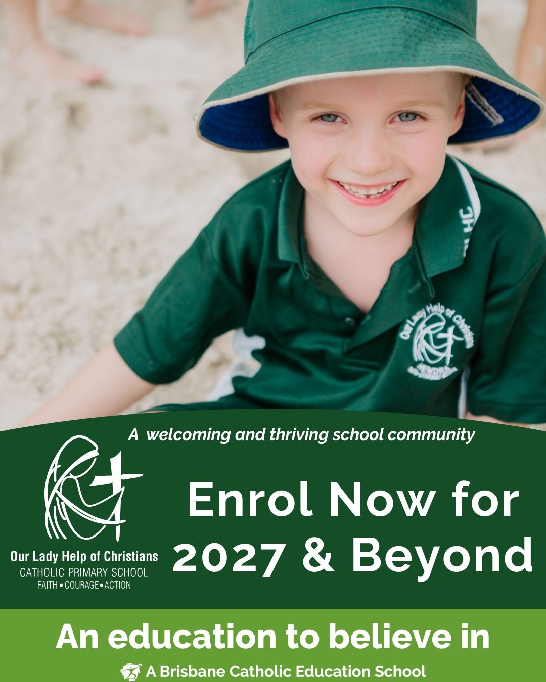 Student in school uniform engaging in play at school, promoting enrolments and a welcoming primary school community