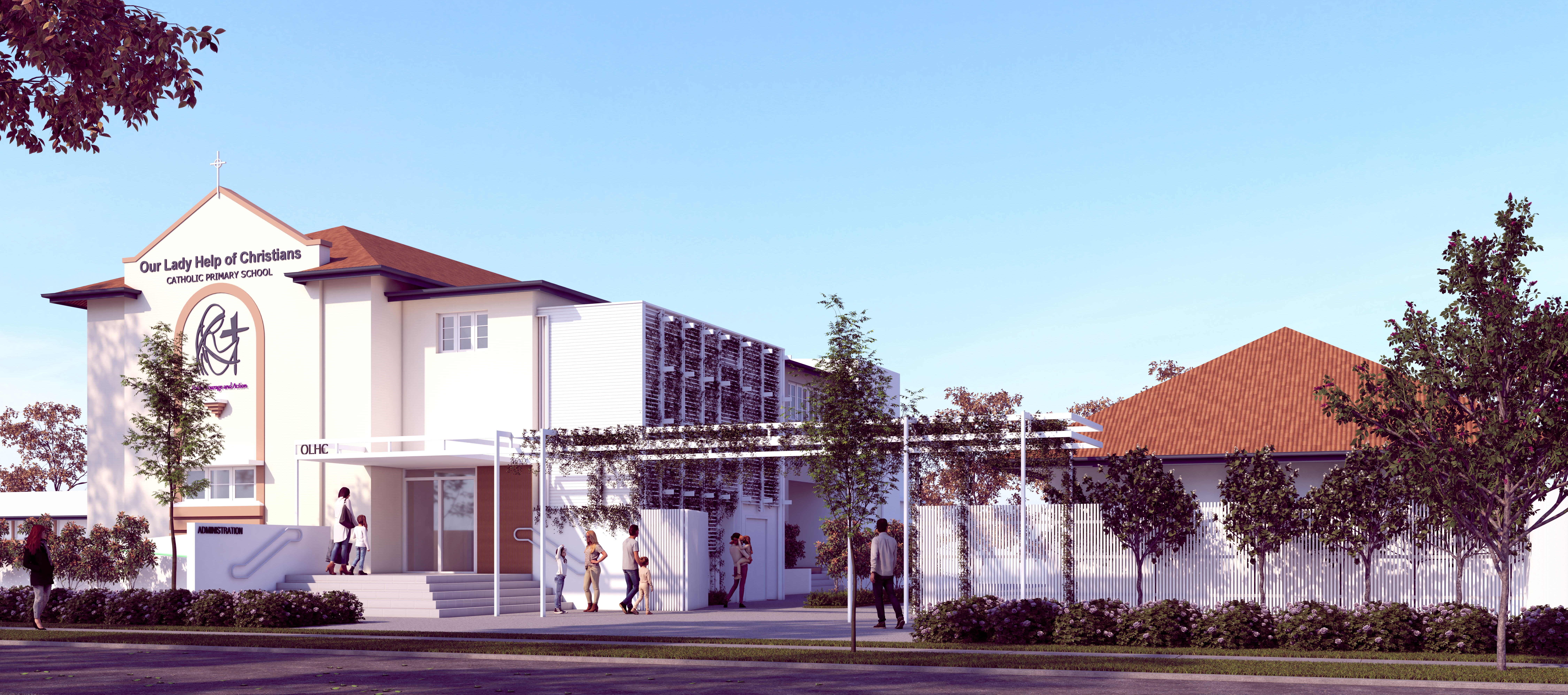 Welcoming entrance and school buildings of Our Lady Help of Christians Catholic Primary School, representing a modern learning environment and strong school identity