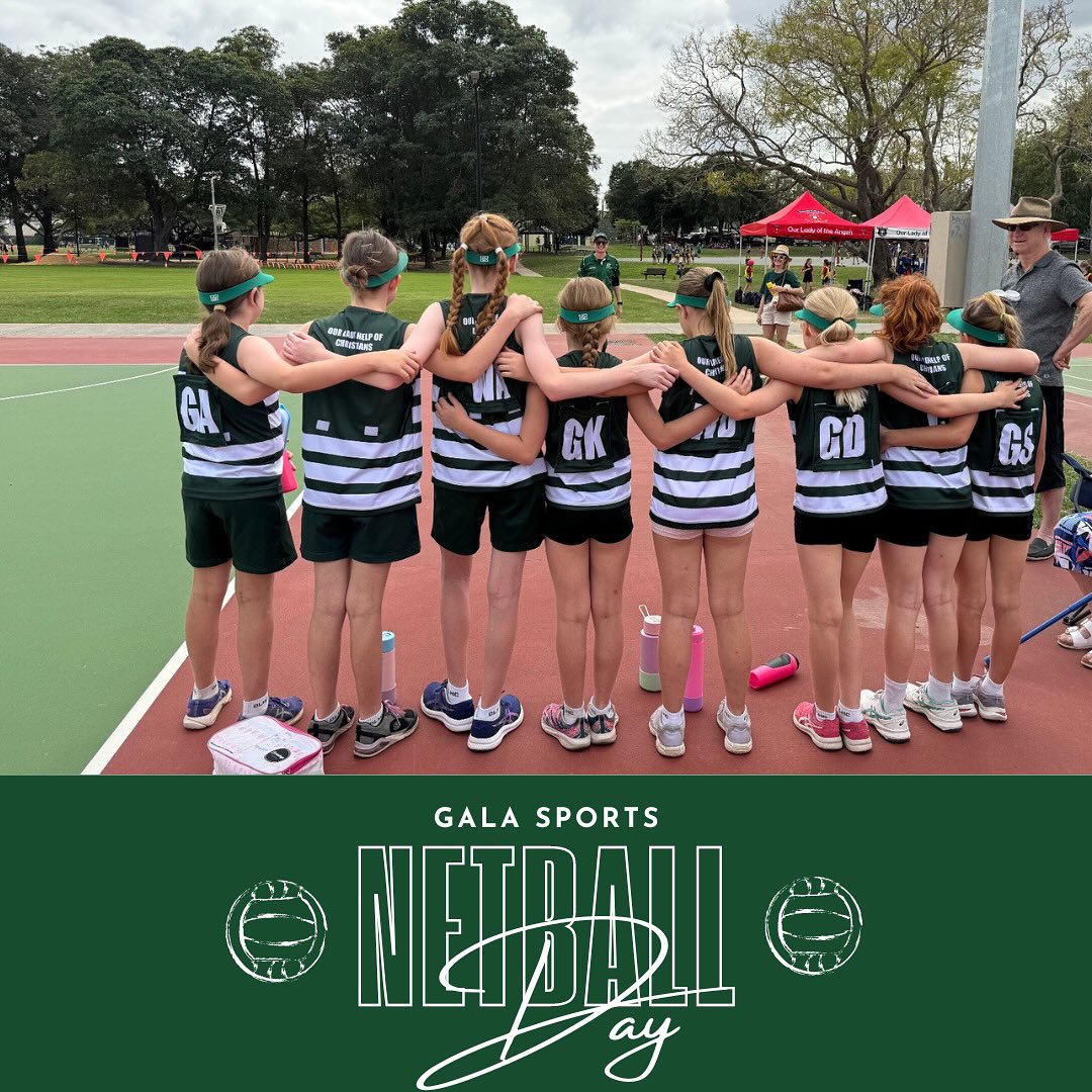 Students standing together on a netball court with arms linked, representing teamwork, school spirit and participation in school sport